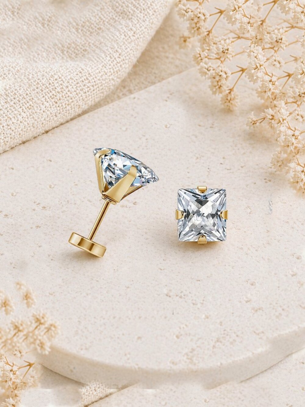 2mm Princess Cut CZ Stud Earrings, 14kt Gold Plated, Hypoallergenic Flat-Back
